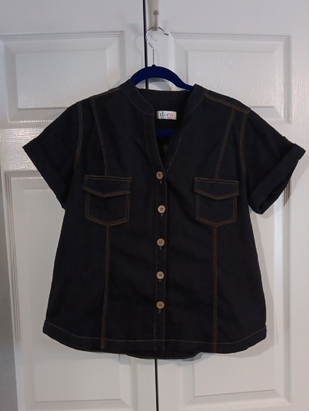 Black Denim Short-Sleeve Button Front Top